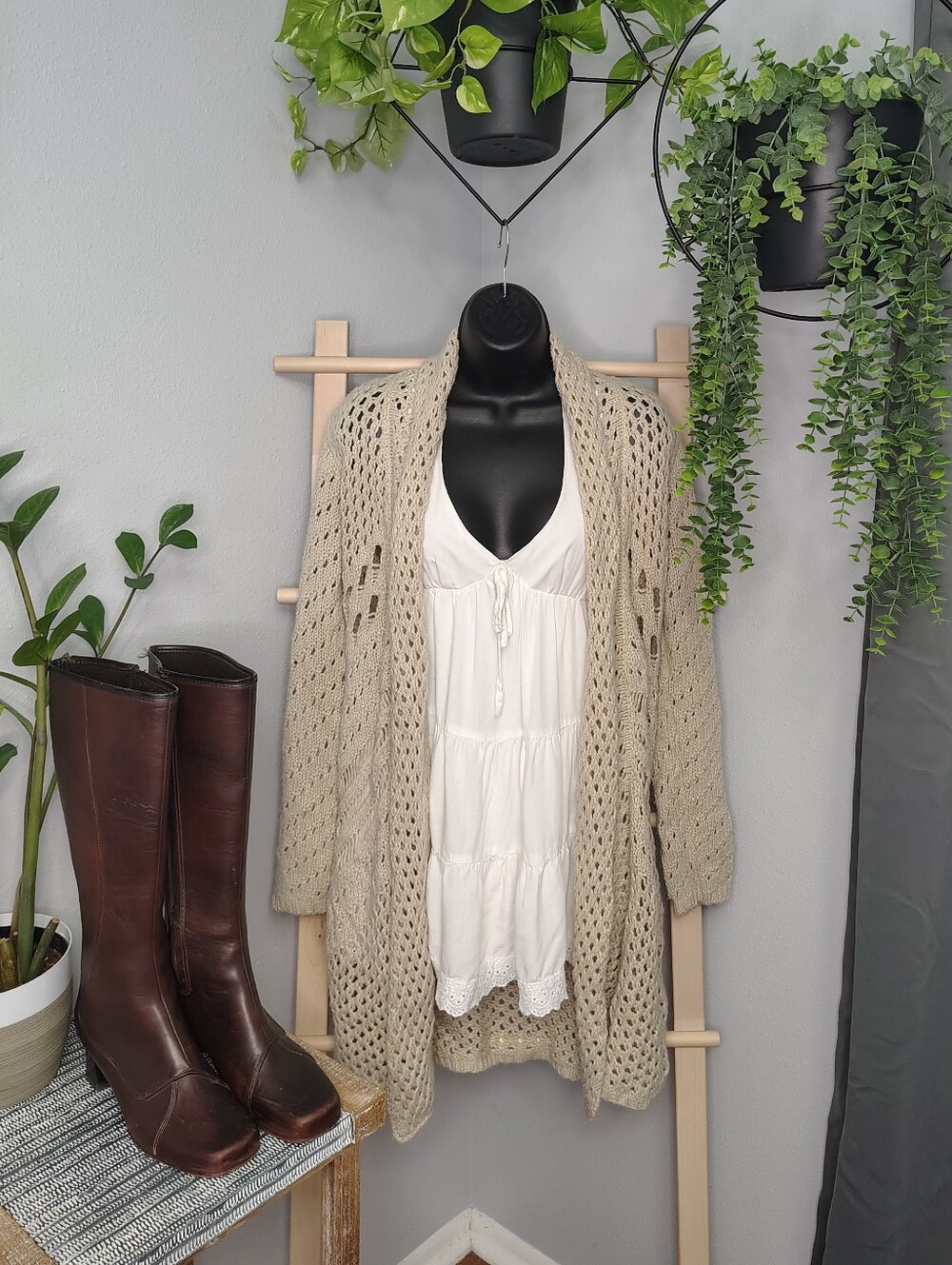 John + Jenn Open-Knit Beige Acrylic Cardigan Sweater, Size Medium
